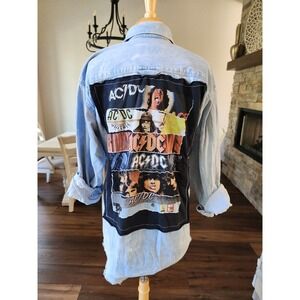 Vtg American Eagle Denim‎ Shirt Dress AC/DC Graphic Patchwork Frayed  Custom Sm